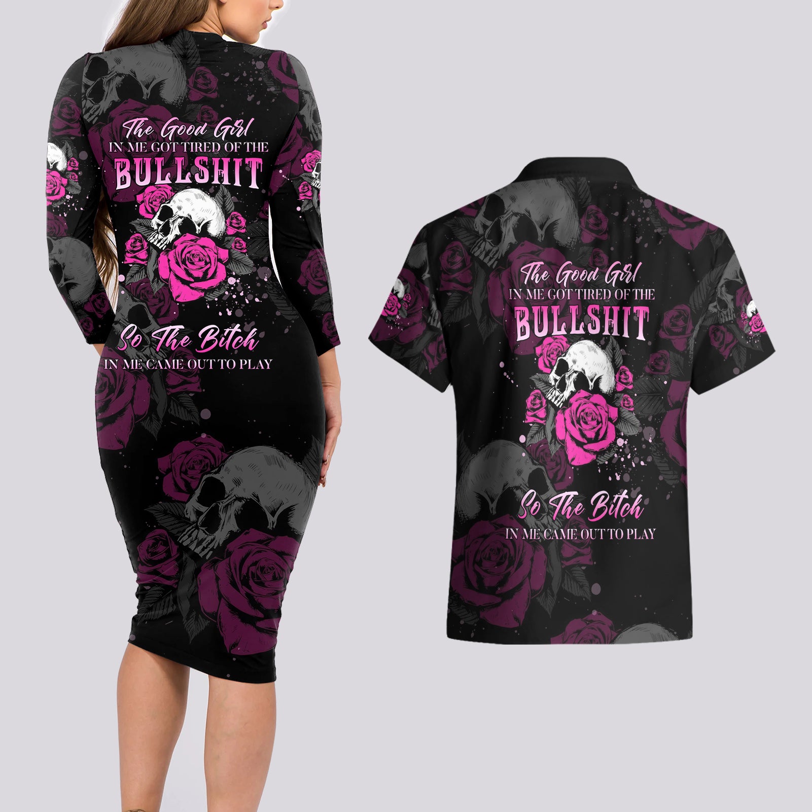 The Good Girl In Me Got Tired Skull Rose Couples Matching Long Sleeve Bodycon Dress and Hawaiian Shirt - Wonder Print Shop