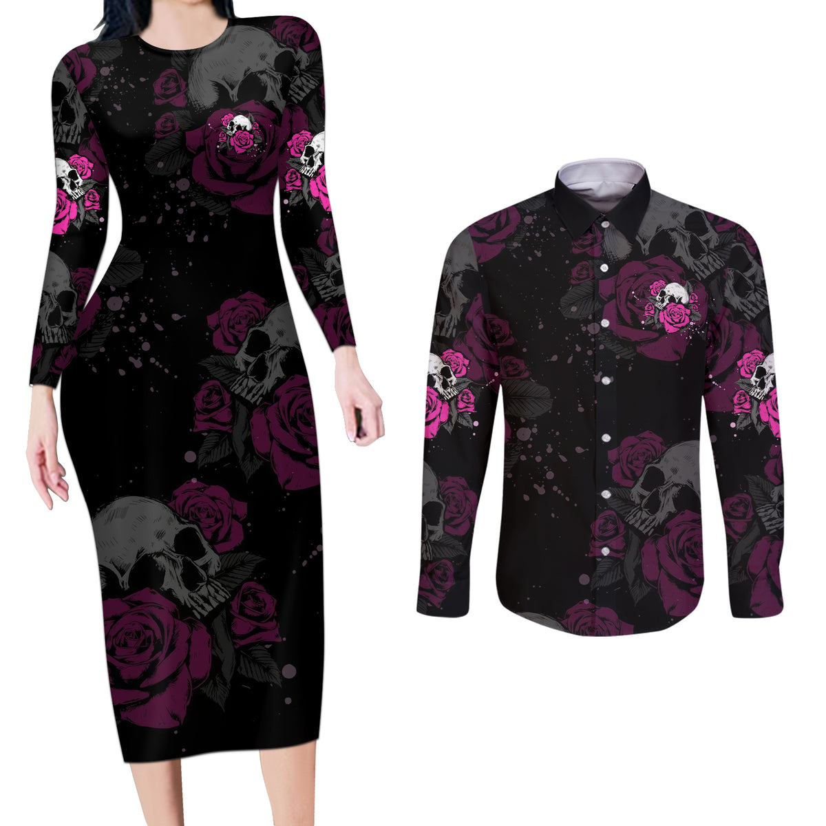 The Good Girl In Me Got Tired Skull Rose Couples Matching Long Sleeve Bodycon Dress and Long Sleeve Button Shirt - Wonder Print Shop