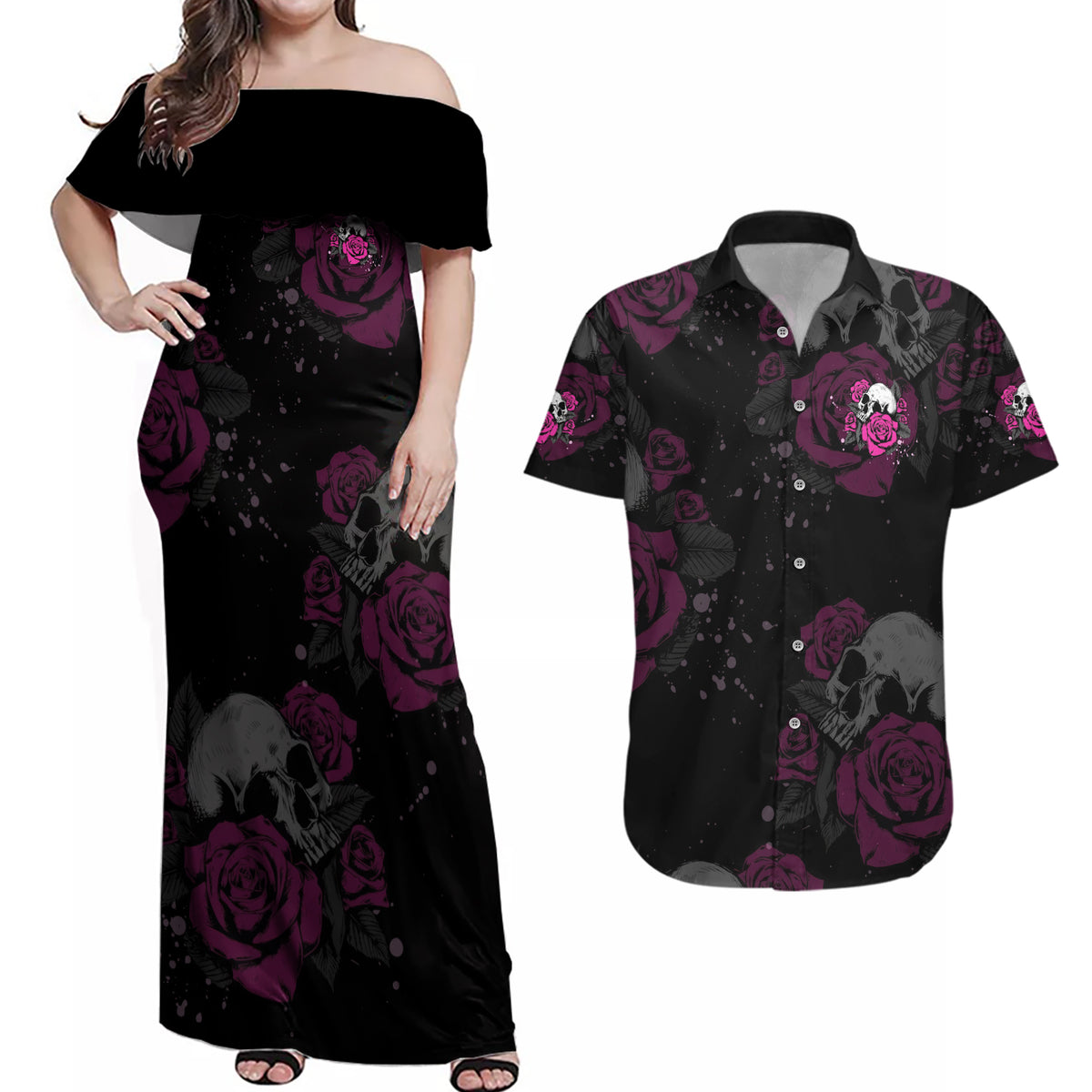 The Good Girl In Me Got Tired Skull Rose Couples Matching Off Shoulder Maxi Dress and Hawaiian Shirt - Wonder Print Shop
