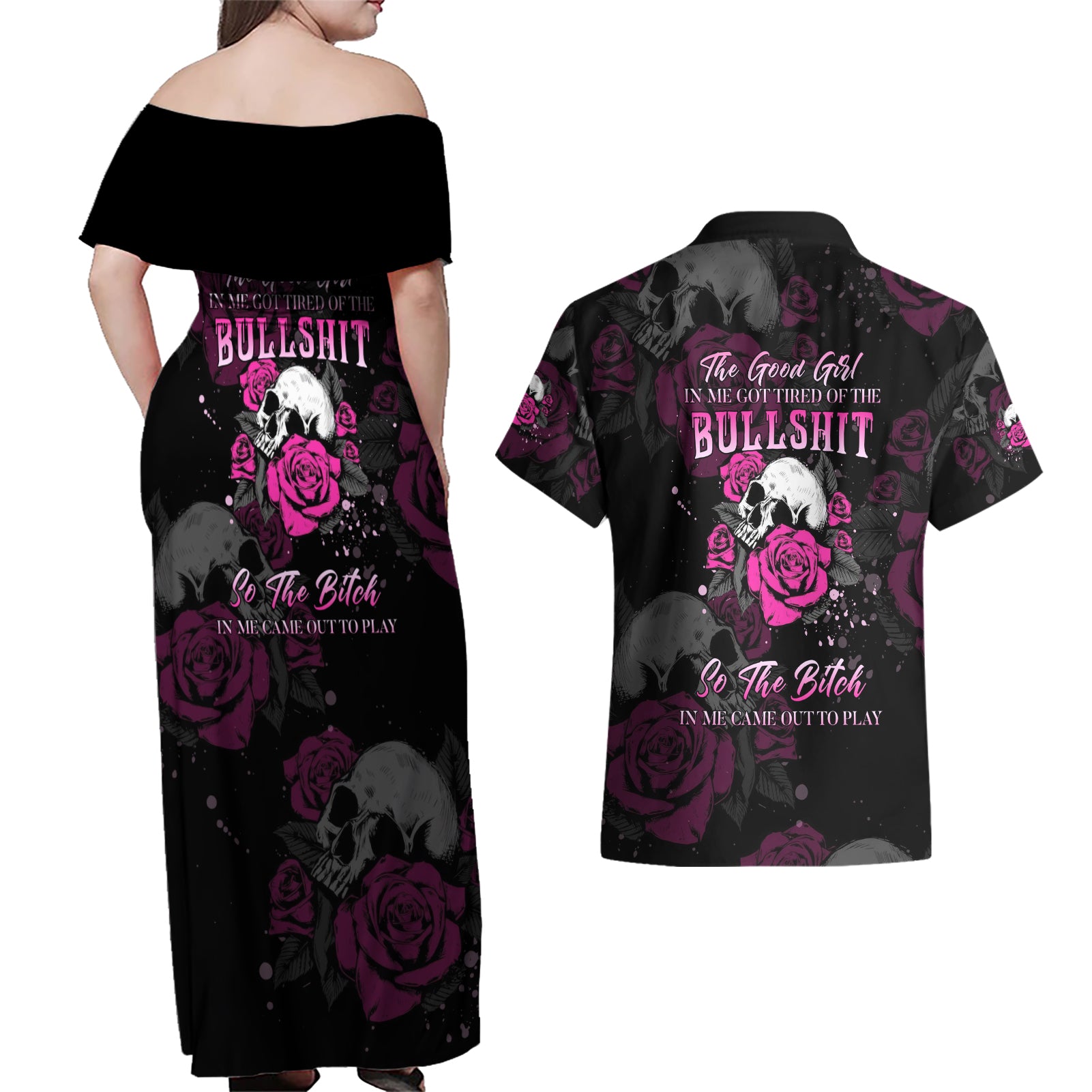 The Good Girl In Me Got Tired Skull Rose Couples Matching Off Shoulder Maxi Dress and Hawaiian Shirt - Wonder Print Shop