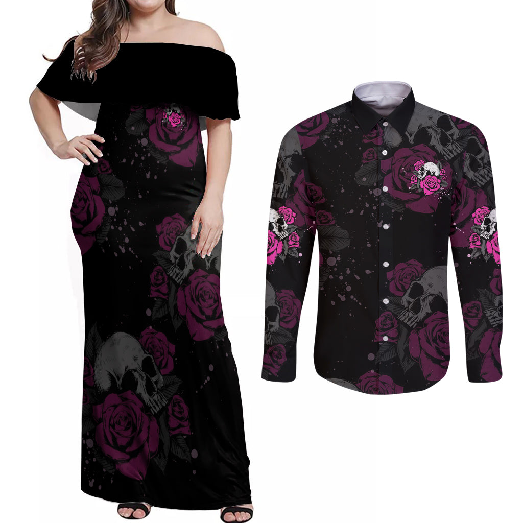 The Good Girl In Me Got Tired Skull Rose Couples Matching Off Shoulder Maxi Dress and Long Sleeve Button Shirt - Wonder Print Shop