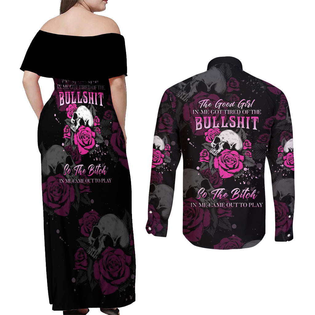 The Good Girl In Me Got Tired Skull Rose Couples Matching Off Shoulder Maxi Dress and Long Sleeve Button Shirt - Wonder Print Shop
