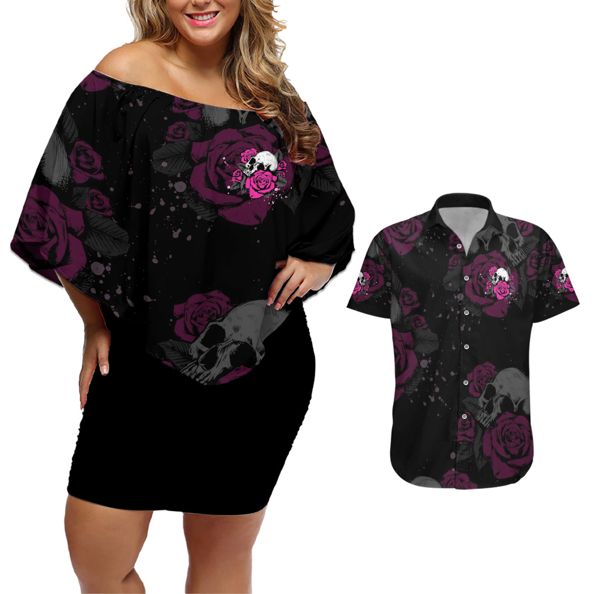 The Good Girl In Me Got Tired Skull Rose Couples Matching Off Shoulder Short Dress and Hawaiian Shirt - Wonder Print Shop
