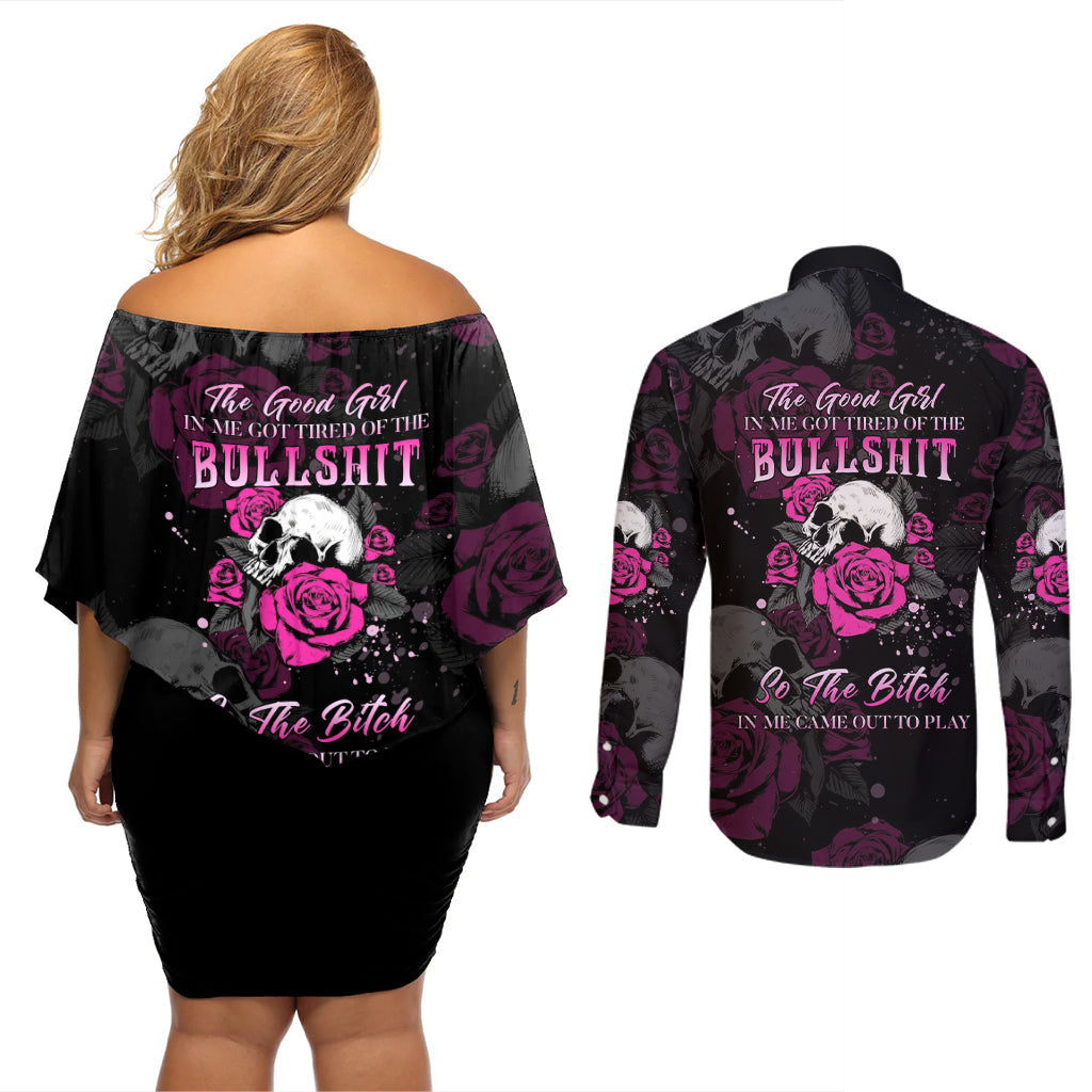 The Good Girl In Me Got Tired Skull Rose Couples Matching Off Shoulder Short Dress and Long Sleeve Button Shirt - Wonder Print Shop