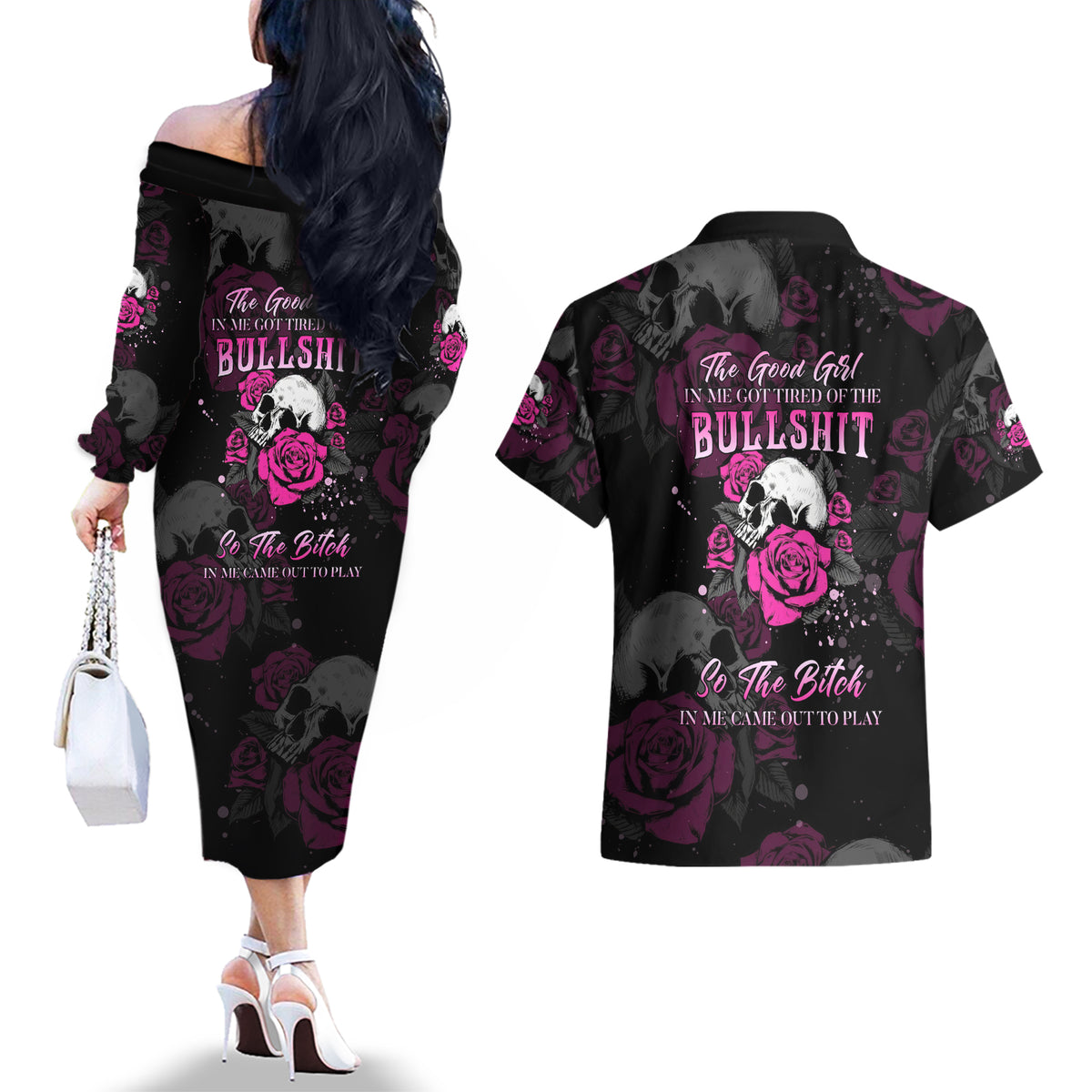 The Good Girl In Me Got Tired Skull Rose Couples Matching Off The Shoulder Long Sleeve Dress and Hawaiian Shirt - Wonder Print Shop