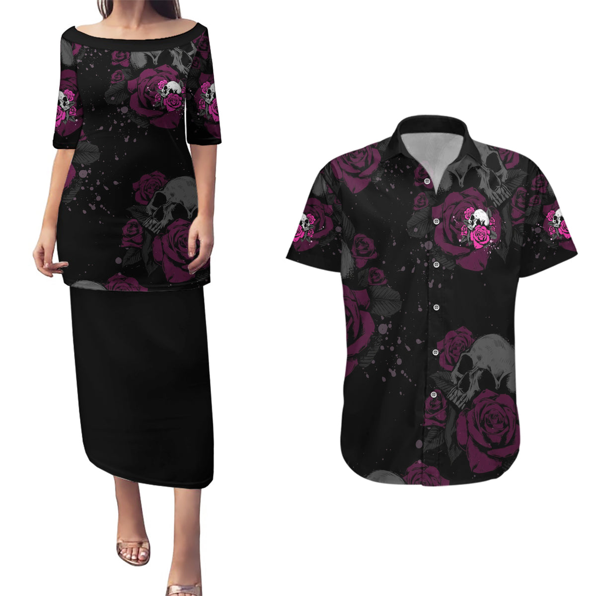 The Good Girl In Me Got Tired Skull Rose Couples Matching Puletasi Dress and Hawaiian Shirt - Wonder Print Shop