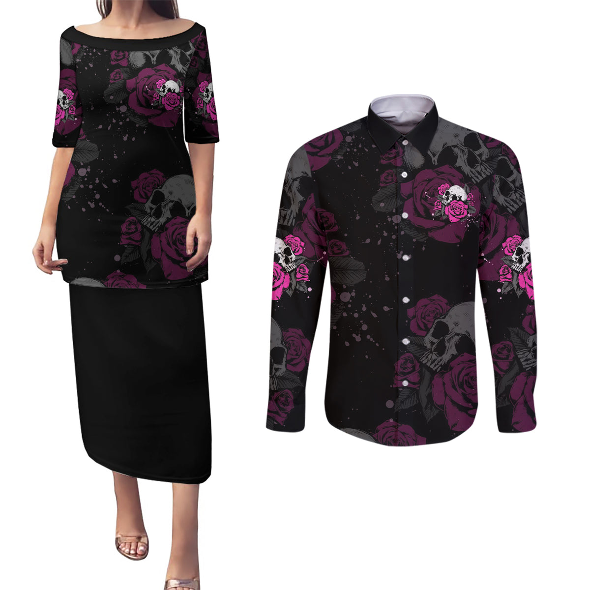 The Good Girl In Me Got Tired Skull Rose Couples Matching Puletasi Dress and Long Sleeve Button Shirt - Wonder Print Shop