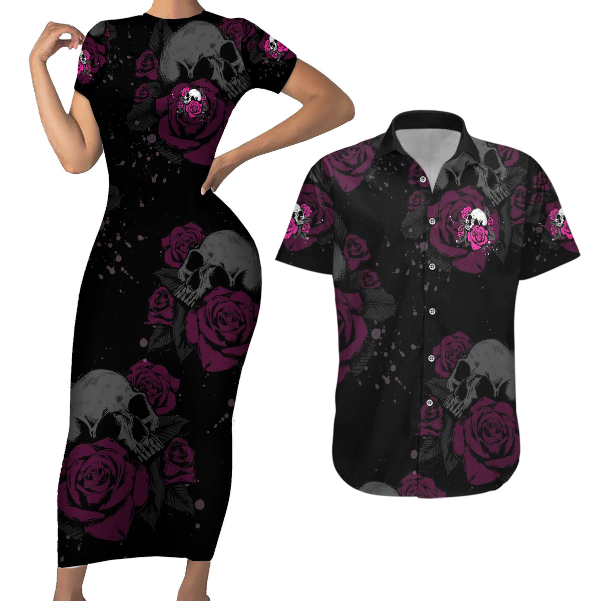 The Good Girl In Me Got Tired Skull Rose Couples Matching Short Sleeve Bodycon Dress and Hawaiian Shirt - Wonder Print Shop