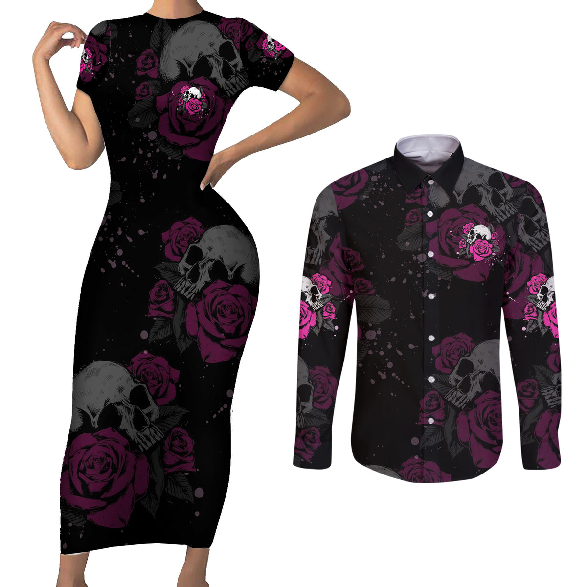 The Good Girl In Me Got Tired Skull Rose Couples Matching Short Sleeve Bodycon Dress and Long Sleeve Button Shirt - Wonder Print Shop