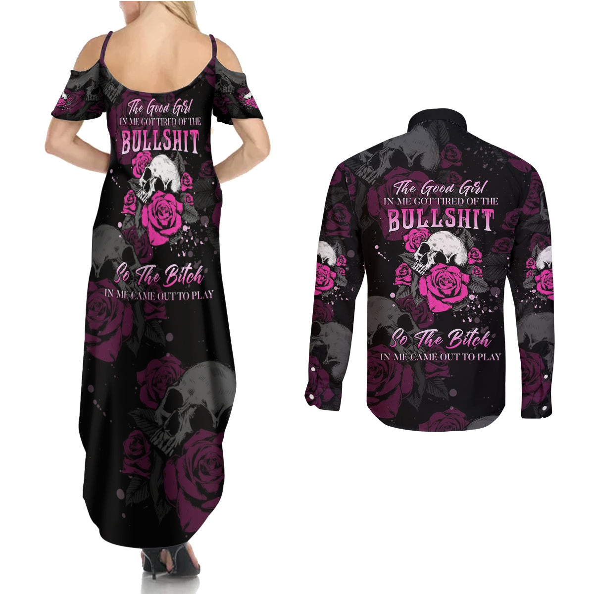 The Good Girl In Me Got Tired Skull Rose Couples Matching Summer Maxi Dress and Long Sleeve Button Shirt - Wonder Print Shop