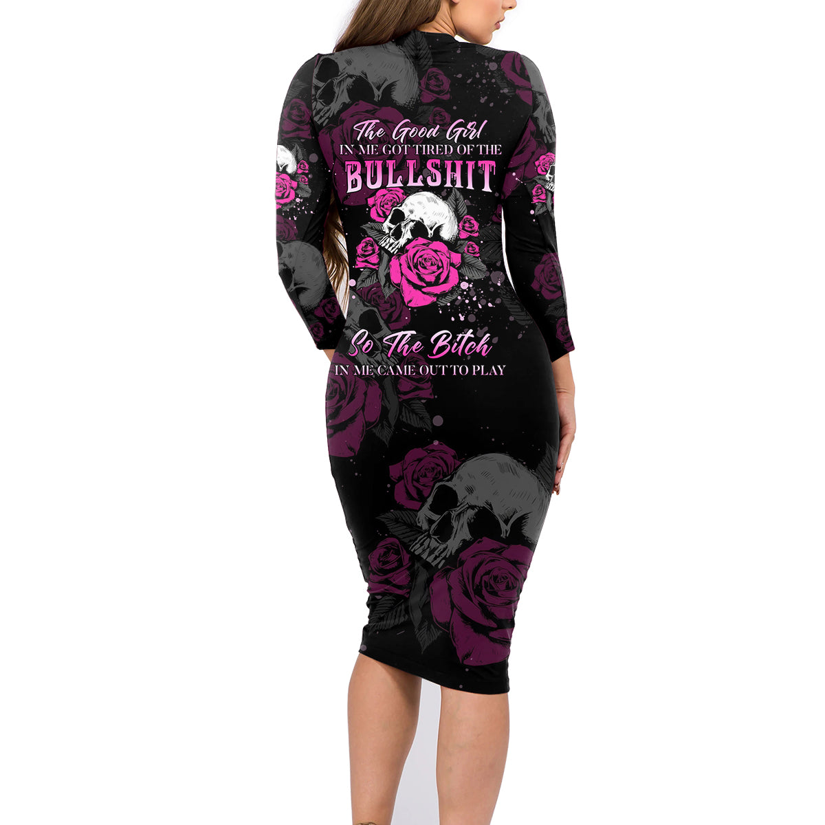 The Good Girl In Me Got Tired Skull Rose Family Matching Long Sleeve Bodycon Dress and Hawaiian Shirt - Wonder Print Shop
