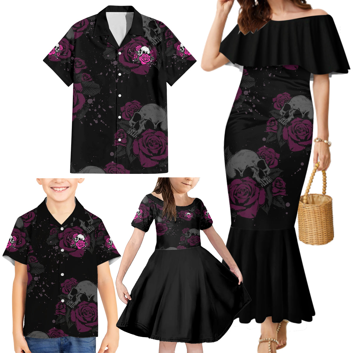 The Good Girl In Me Got Tired Skull Rose Family Matching Mermaid Dress and Hawaiian Shirt - Wonder Print Shop