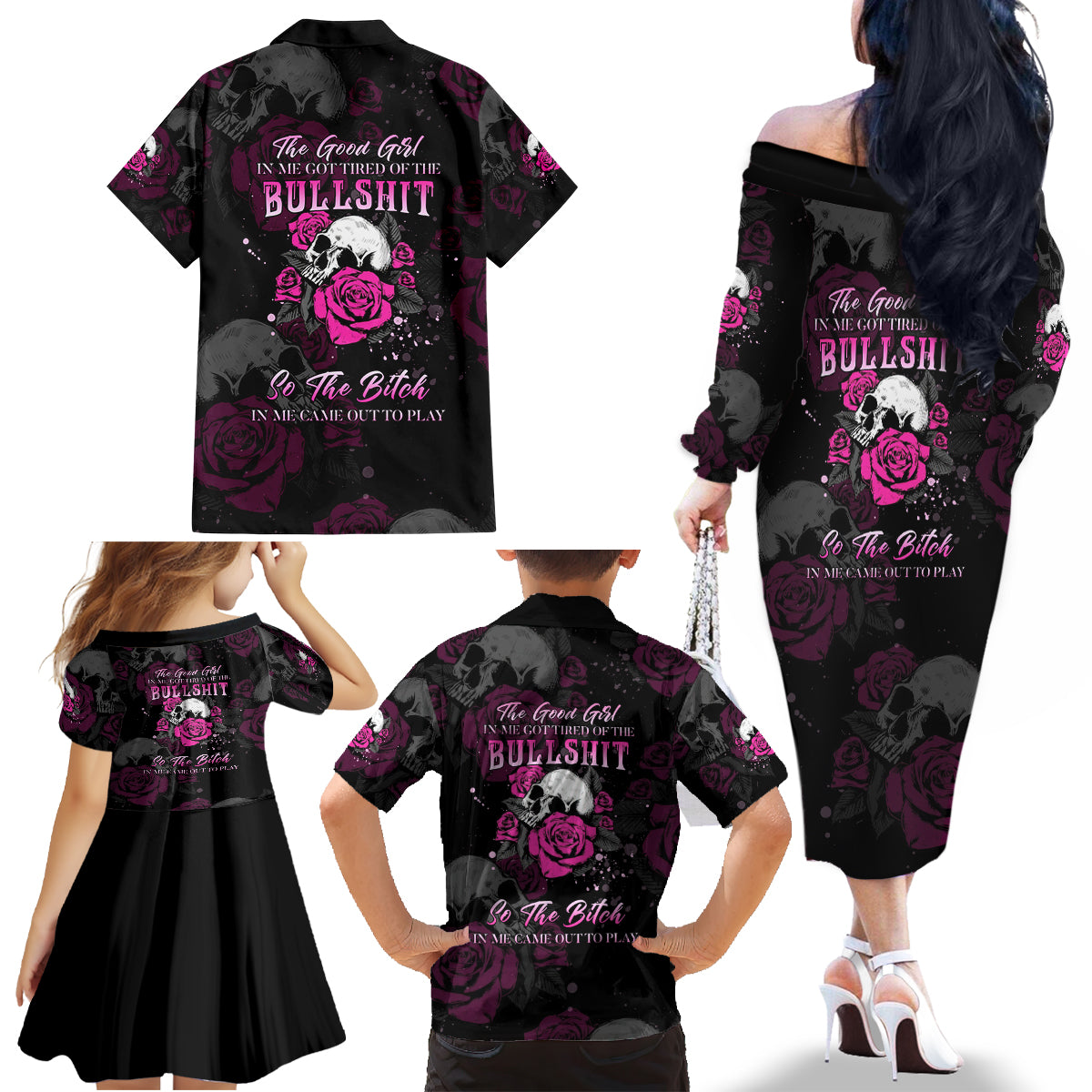 The Good Girl In Me Got Tired Skull Rose Family Matching Off Shoulder Long Sleeve Dress and Hawaiian Shirt - Wonder Print Shop