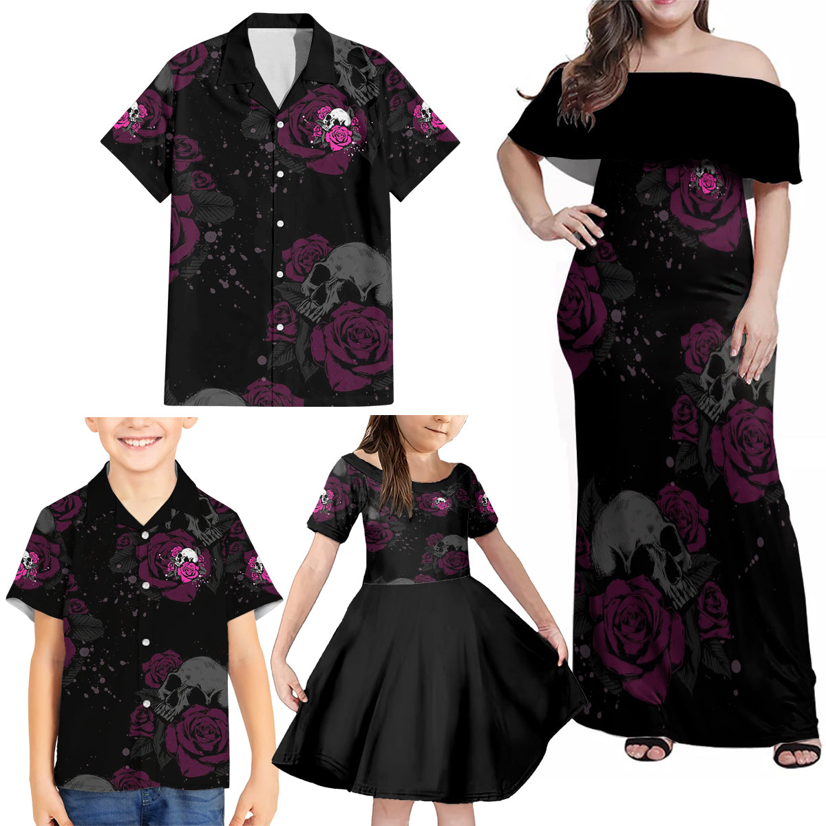 The Good Girl In Me Got Tired Skull Rose Family Matching Off Shoulder Maxi Dress and Hawaiian Shirt - Wonder Print Shop