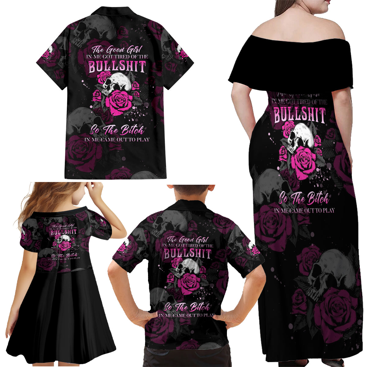 The Good Girl In Me Got Tired Skull Rose Family Matching Off Shoulder Maxi Dress and Hawaiian Shirt - Wonder Print Shop