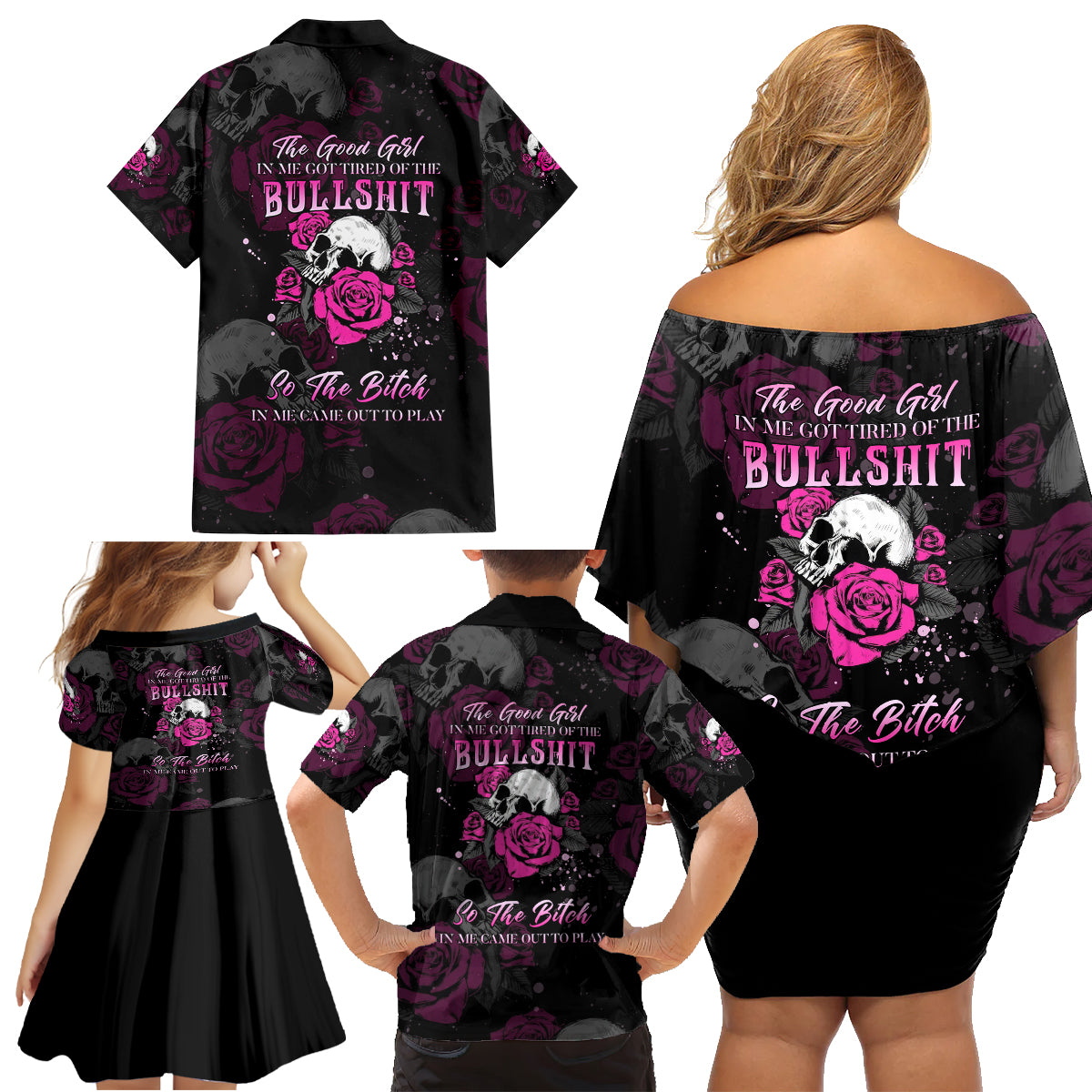 The Good Girl In Me Got Tired Skull Rose Family Matching Off Shoulder Short Dress and Hawaiian Shirt - Wonder Print Shop