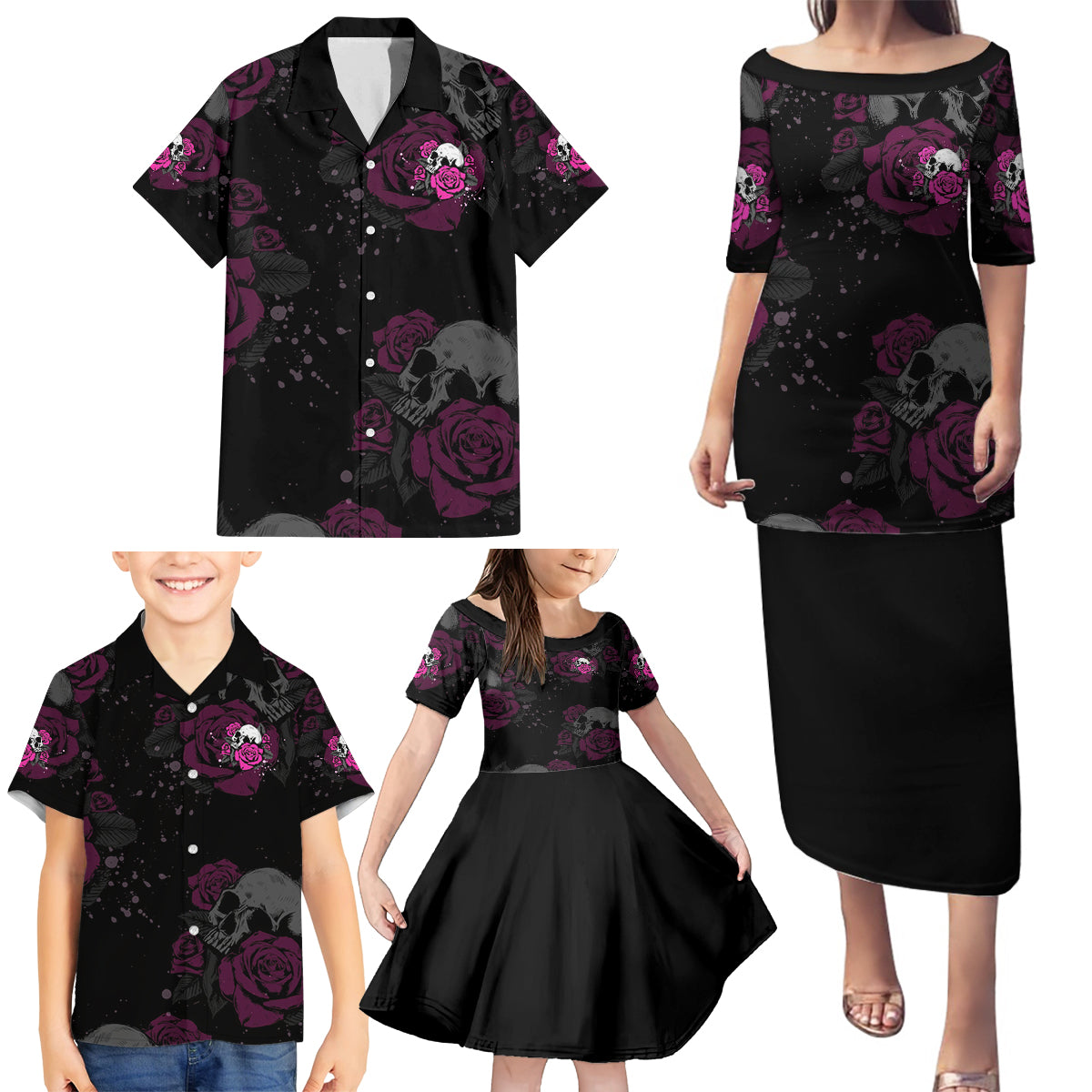 The Good Girl In Me Got Tired Skull Rose Family Matching Puletasi Dress and Hawaiian Shirt - Wonder Print Shop