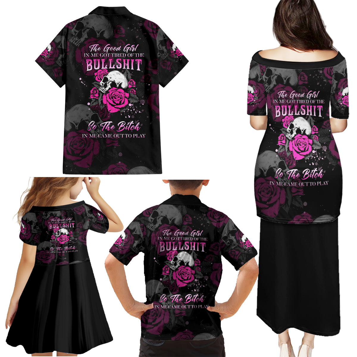 The Good Girl In Me Got Tired Skull Rose Family Matching Puletasi Dress and Hawaiian Shirt - Wonder Print Shop