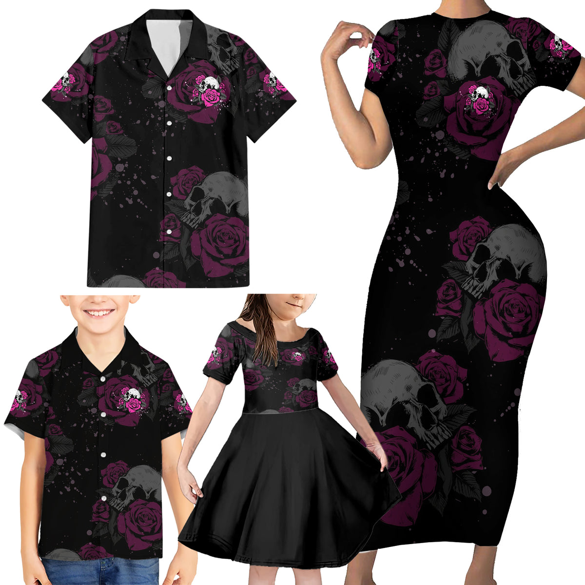 The Good Girl In Me Got Tired Skull Rose Family Matching Short Sleeve Bodycon Dress and Hawaiian Shirt - Wonder Print Shop