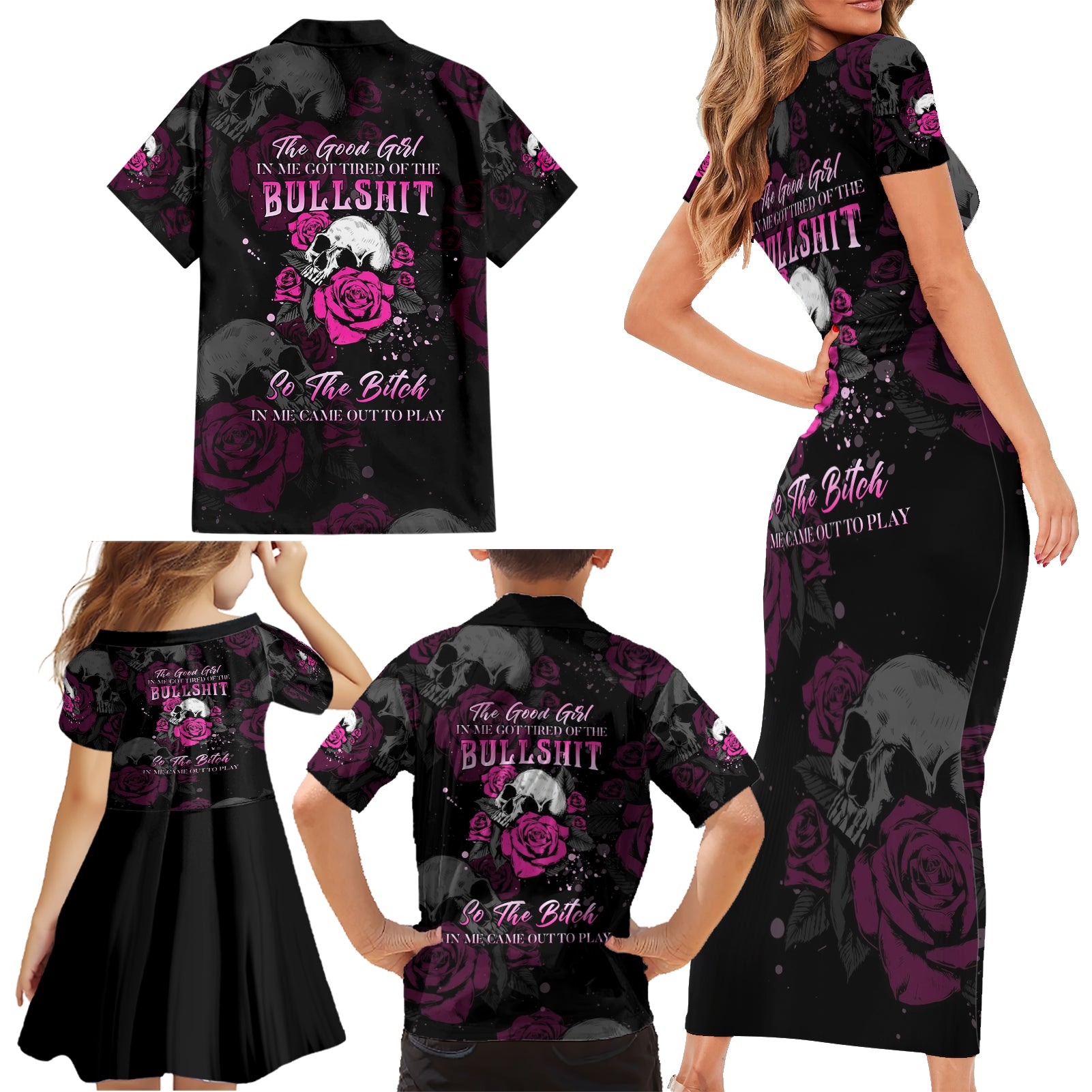 The Good Girl In Me Got Tired Skull Rose Family Matching Short Sleeve Bodycon Dress and Hawaiian Shirt - Wonder Print Shop