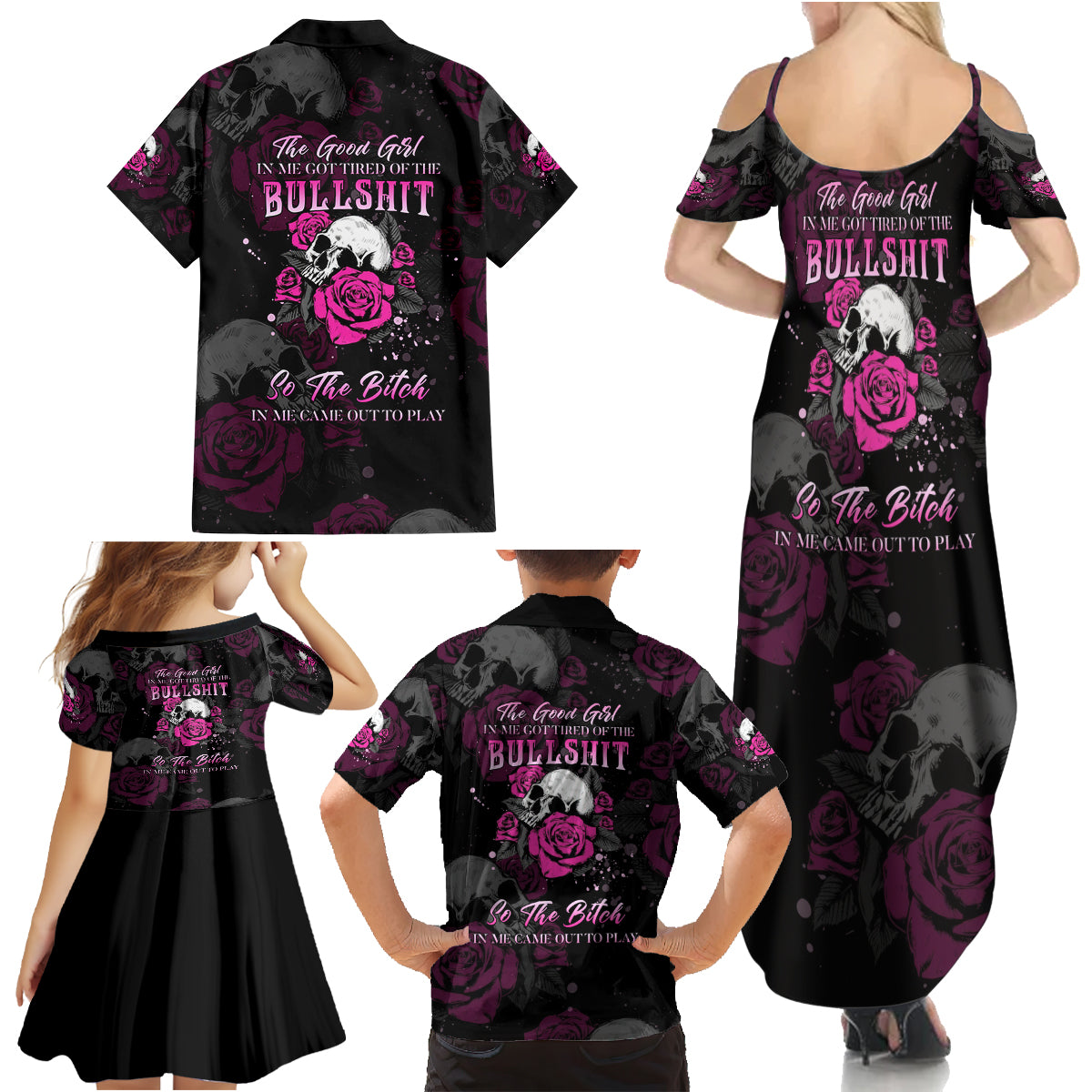 The Good Girl In Me Got Tired Skull Rose Family Matching Summer Maxi Dress and Hawaiian Shirt - Wonder Print Shop