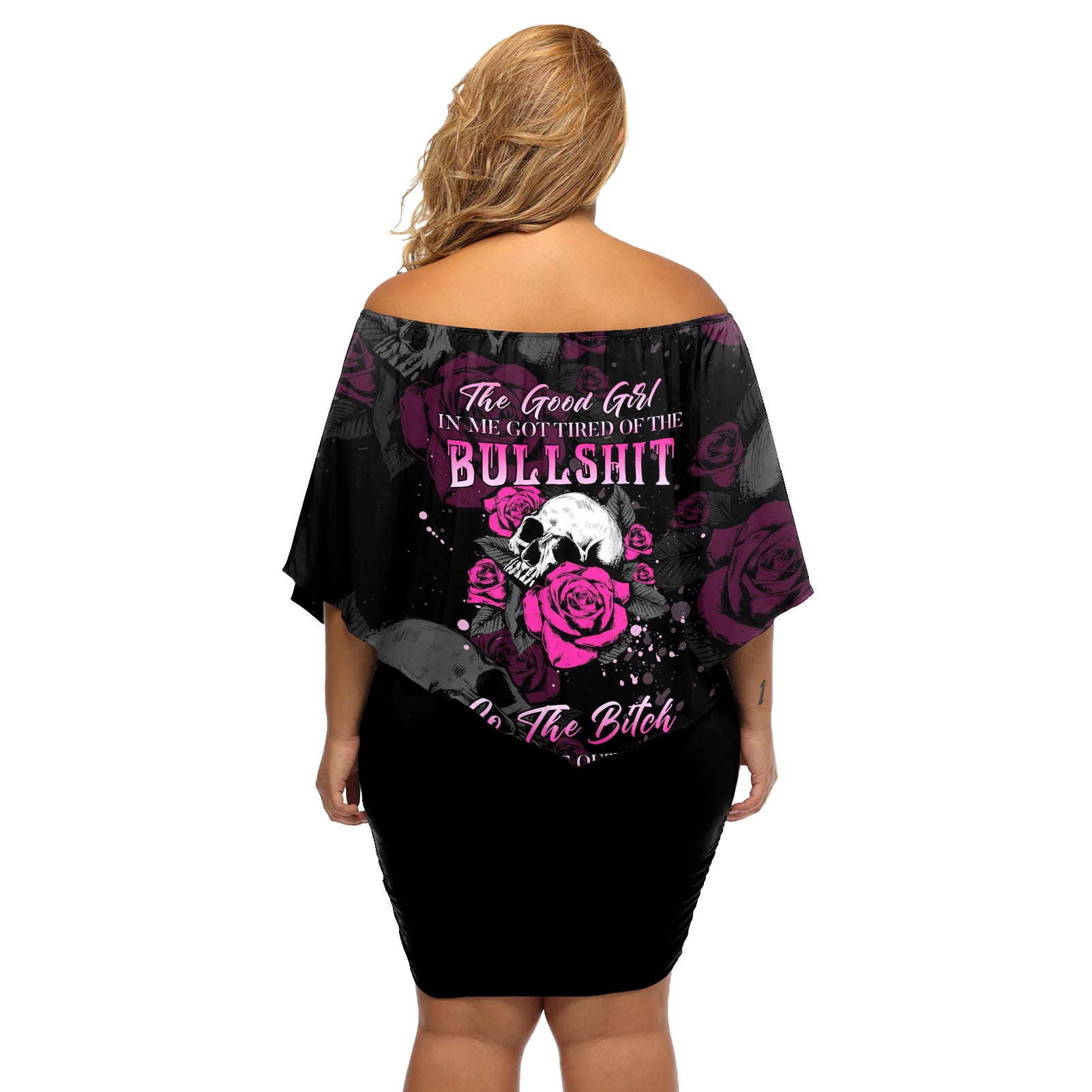The Good Girl In Me Got Tired Skull Rose Off Shoulder Short Dress - Wonder Print Shop