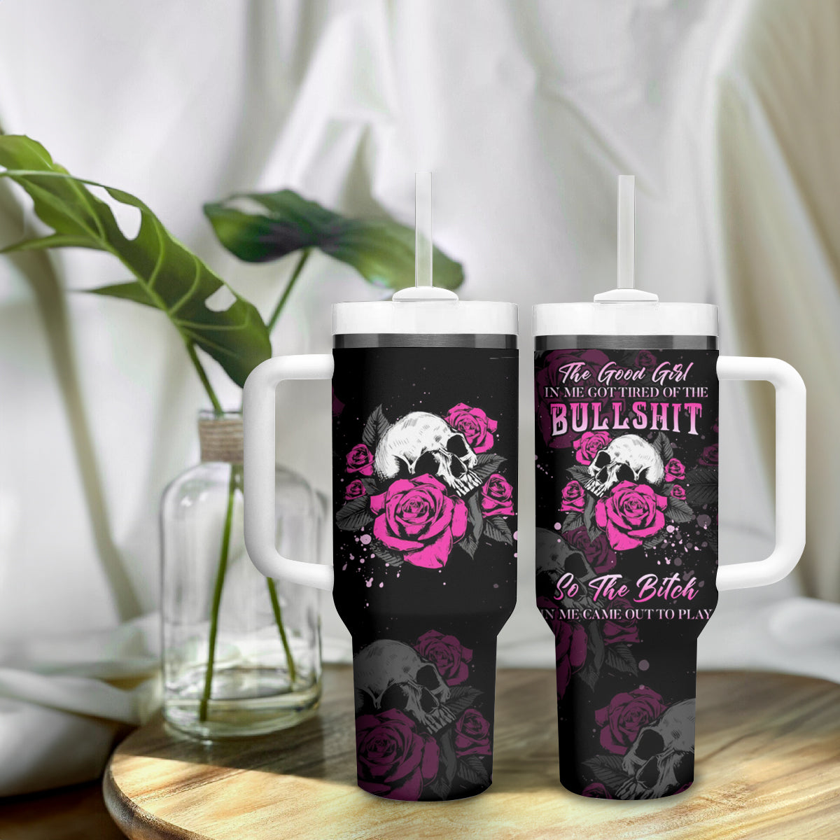 The Good Girl In Me Got Tired Skull Rose Tumbler With Handle - Wonder Print Shop