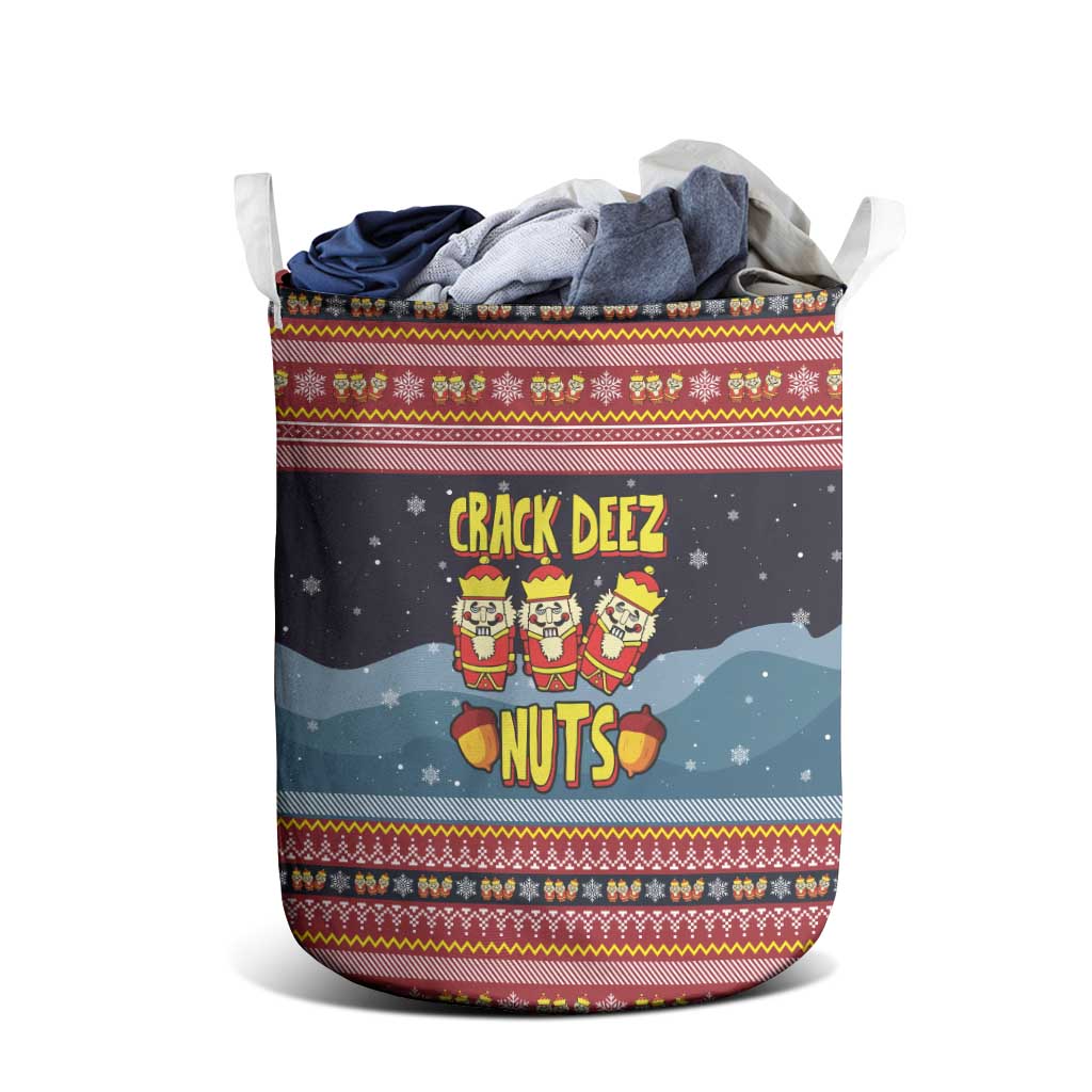 Funny Nutcracker Christmas Laundry Basket with Crack Deez Nuts Quote and Holiday Pattern Design - Wonder Print Shop
