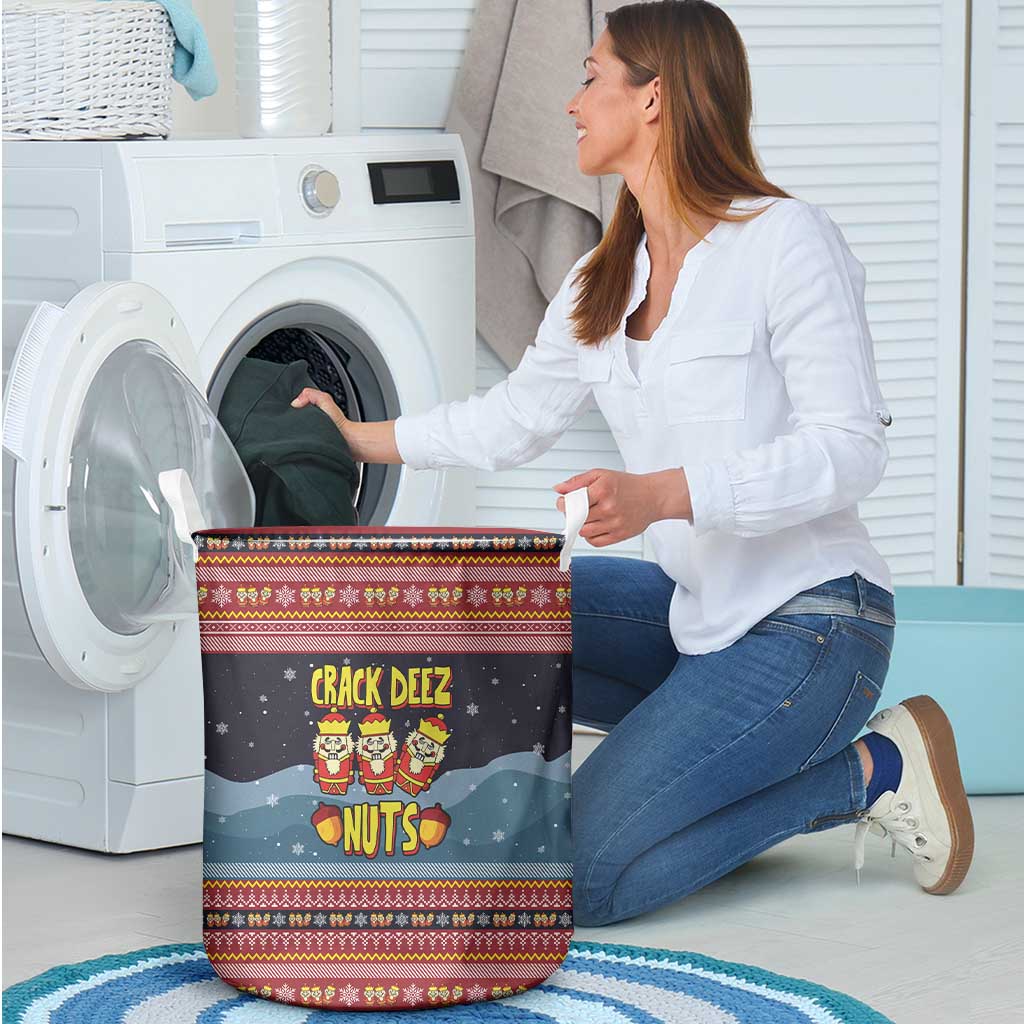 Funny Nutcracker Christmas Laundry Basket with Crack Deez Nuts Quote and Holiday Pattern Design - Wonder Print Shop