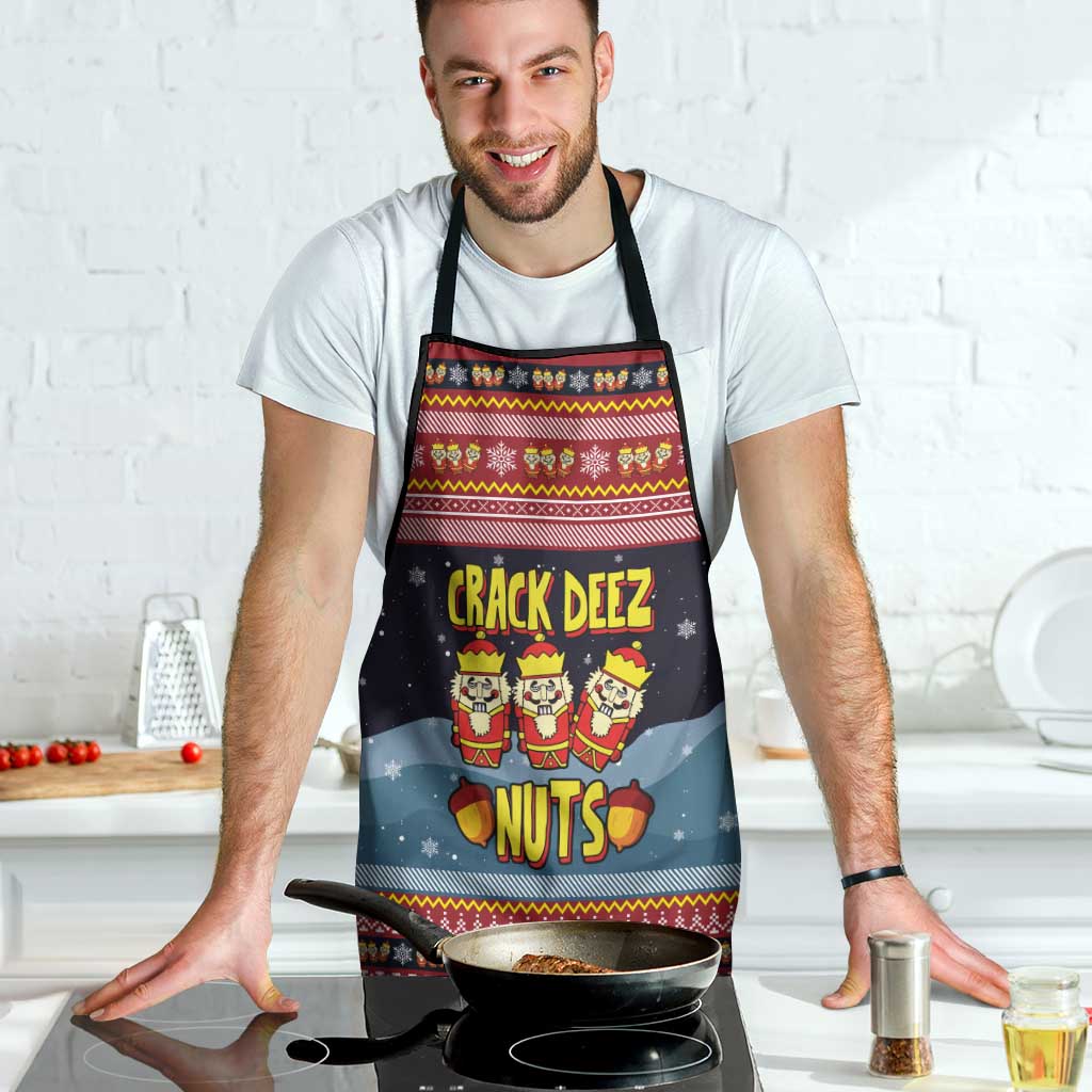 Funny Nutcracker Christmas Apron with Crack Deez Nuts Quote and Holiday Pattern Design - Wonder Print Shop