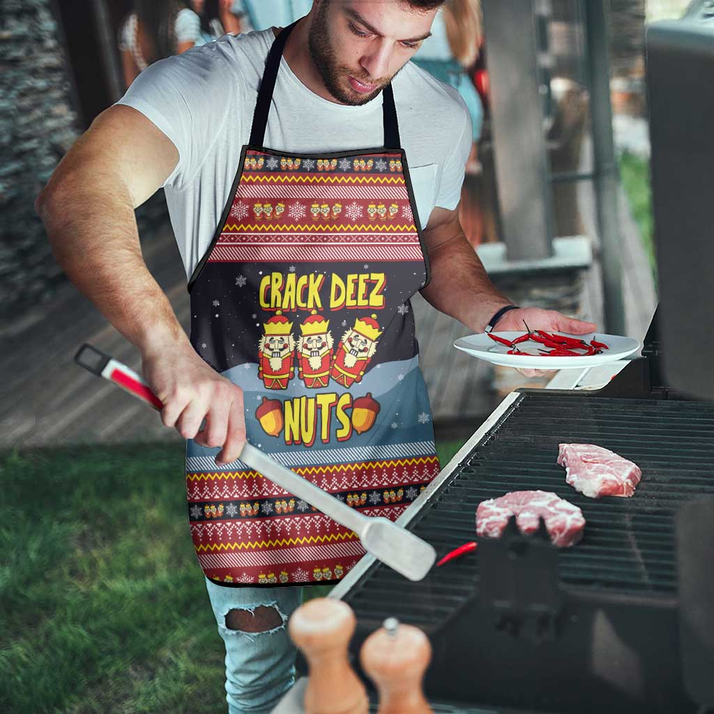 Funny Nutcracker Christmas Apron with Crack Deez Nuts Quote and Holiday Pattern Design - Wonder Print Shop