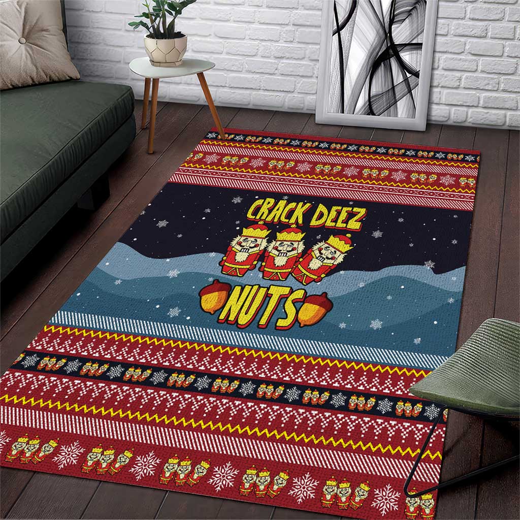 Funny Nutcracker Christmas Area Rug with Crack Deez Nuts Quote and Holiday Pattern Design - Wonder Print Shop