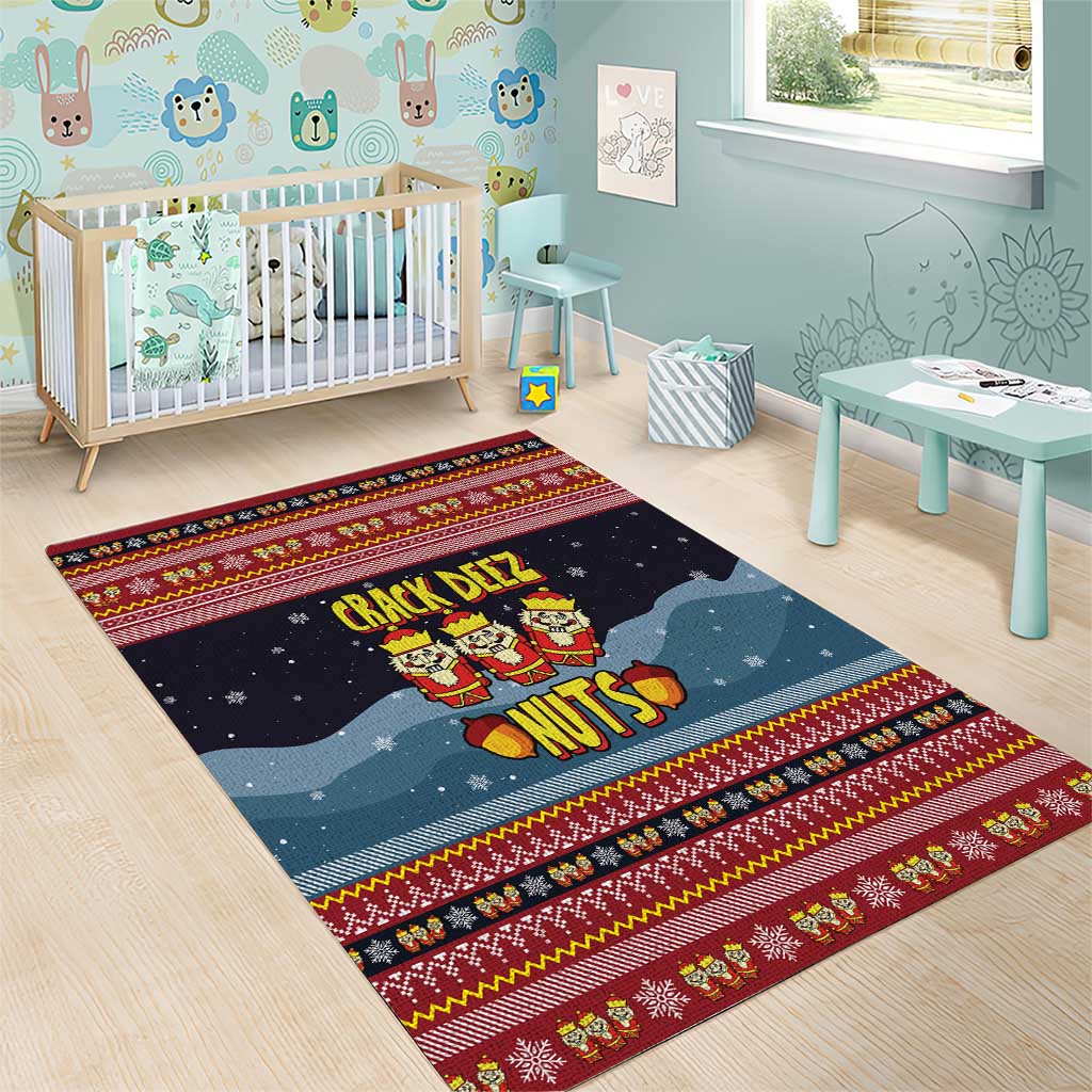 Funny Nutcracker Christmas Area Rug with Crack Deez Nuts Quote and Holiday Pattern Design - Wonder Print Shop
