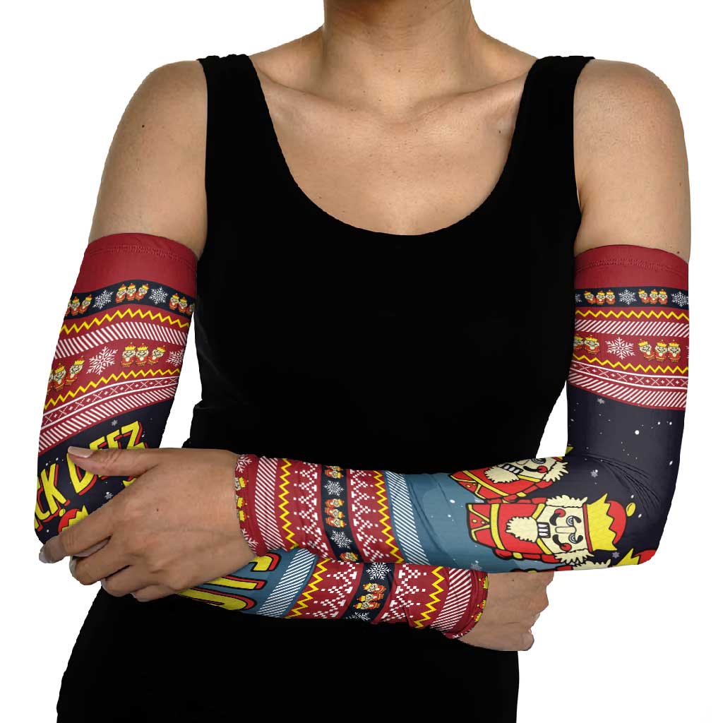 Funny Nutcracker Christmas Arm Sleeves with Crack Deez Nuts Quote and Holiday Pattern Design - Wonder Print Shop