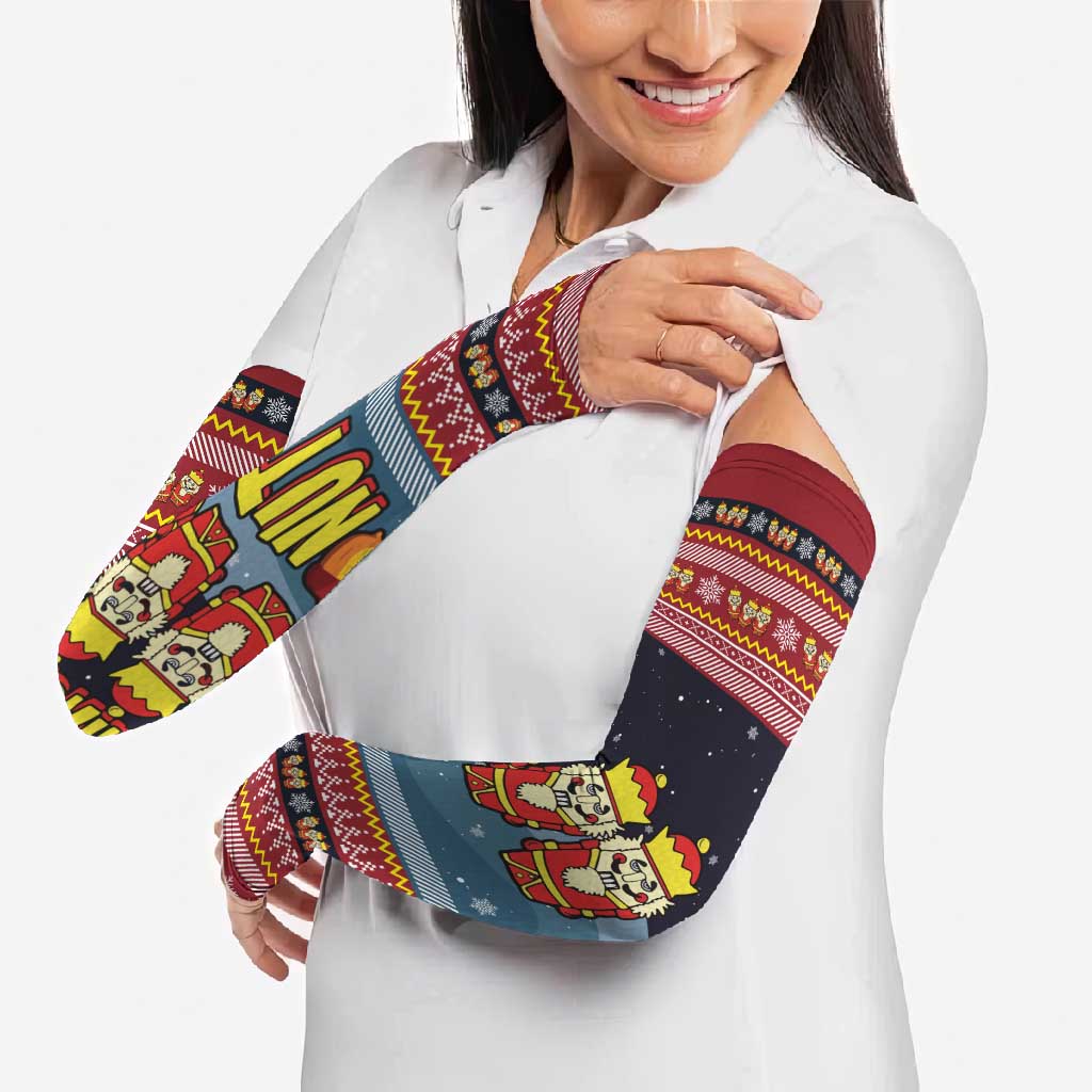 Funny Nutcracker Christmas Arm Sleeves with Crack Deez Nuts Quote and Holiday Pattern Design - Wonder Print Shop