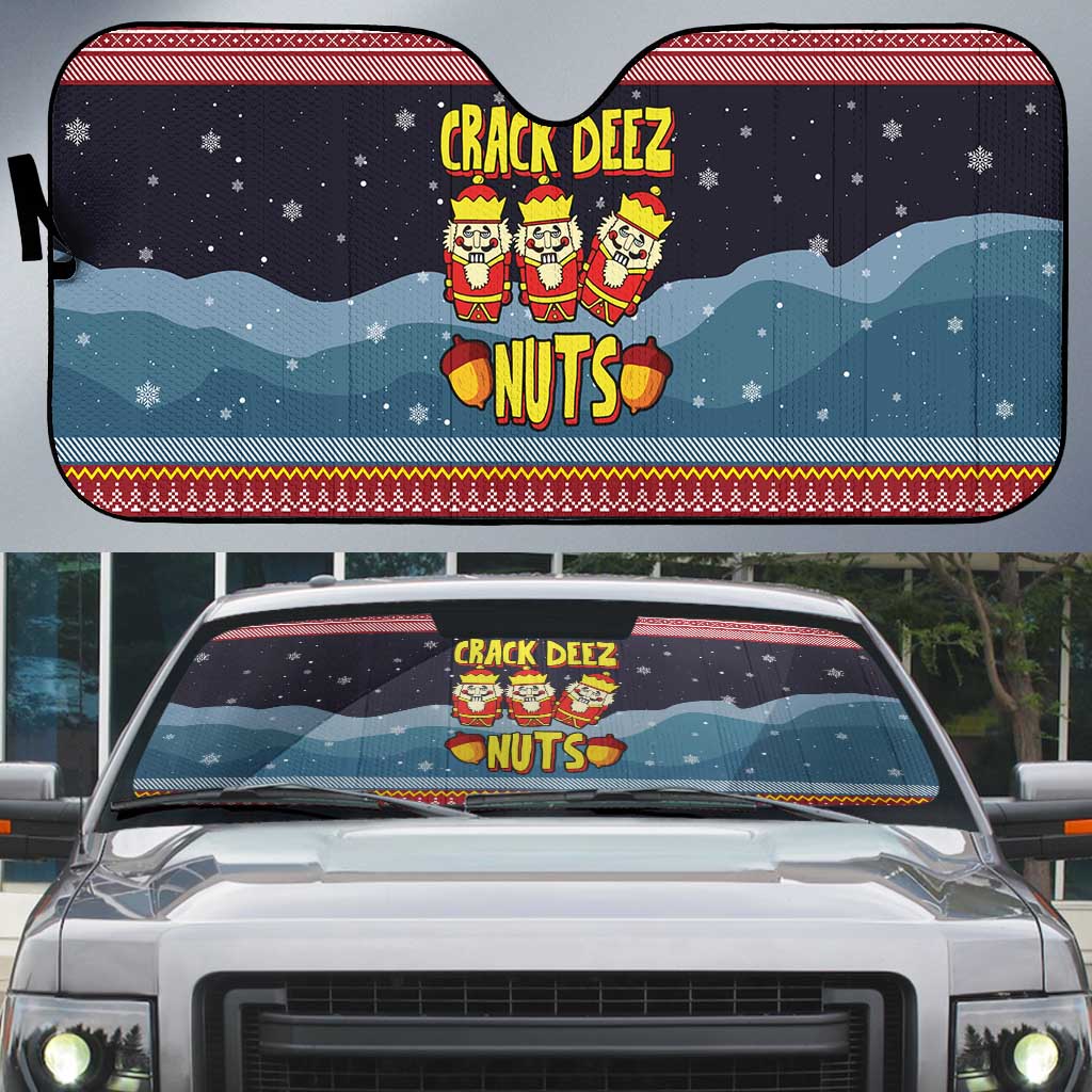 Funny Nutcracker Christmas Auto Sun Shade with Crack Deez Nuts Quote and Holiday Pattern Design - Wonder Print Shop