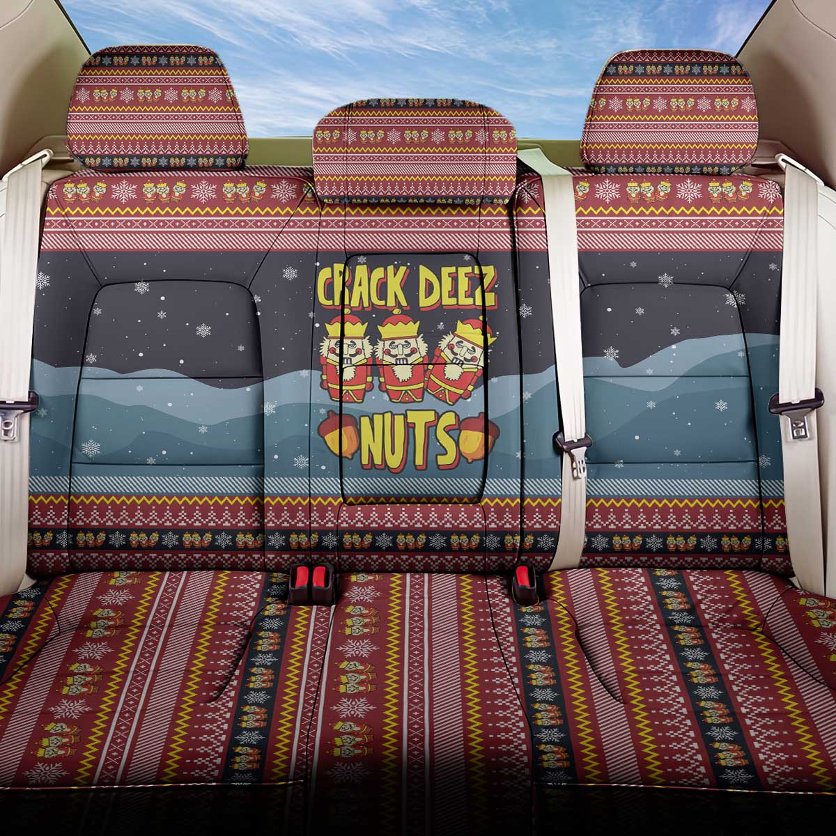 Funny Nutcracker Christmas Back Car Seat Cover with Crack Deez Nuts Quote and Holiday Pattern Design - Wonder Print Shop