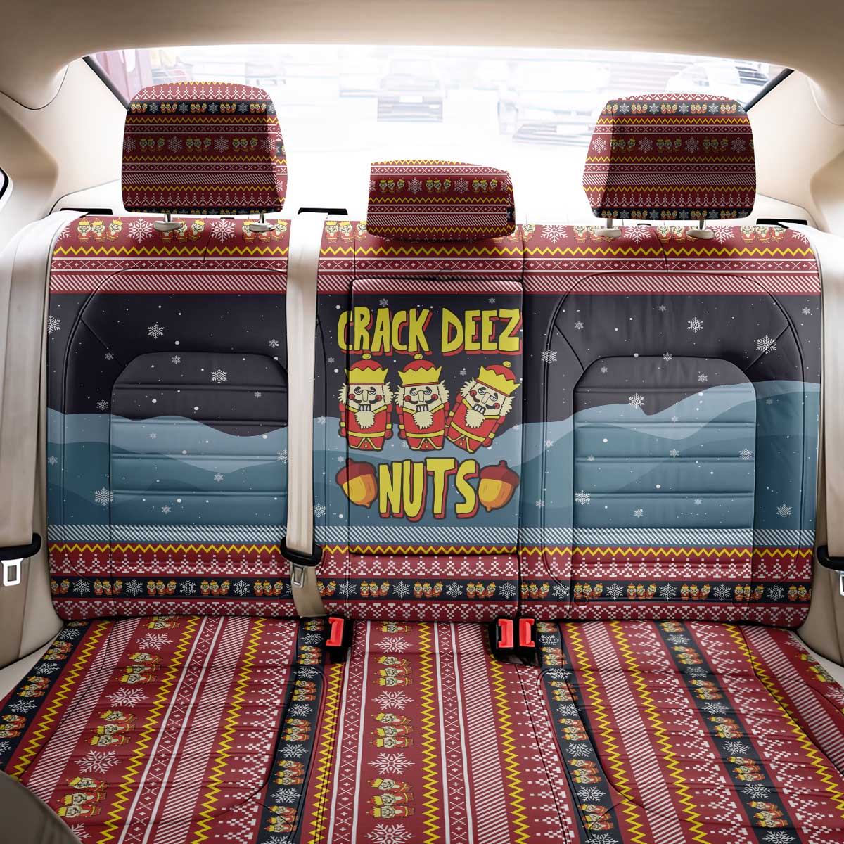 Funny Nutcracker Christmas Back Car Seat Cover with Crack Deez Nuts Quote and Holiday Pattern Design - Wonder Print Shop