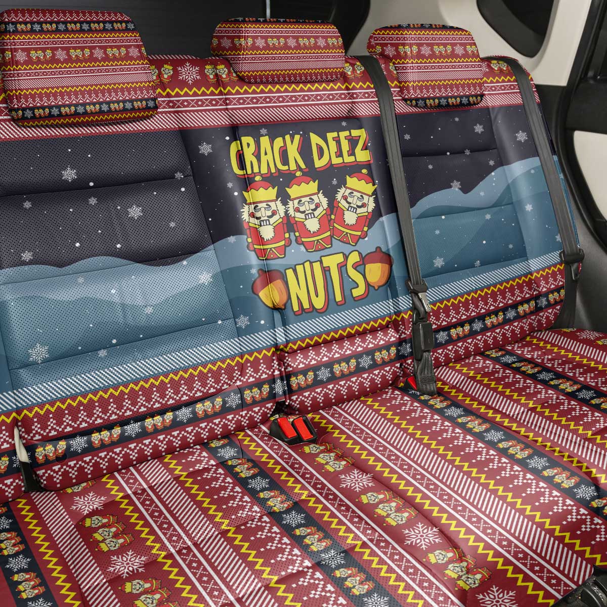Funny Nutcracker Christmas Back Car Seat Cover with Crack Deez Nuts Quote and Holiday Pattern Design - Wonder Print Shop