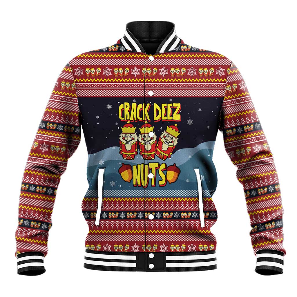 Funny Nutcracker Christmas Baseball Jacket with Crack Deez Nuts Quote and Holiday Pattern Design - Wonder Print Shop