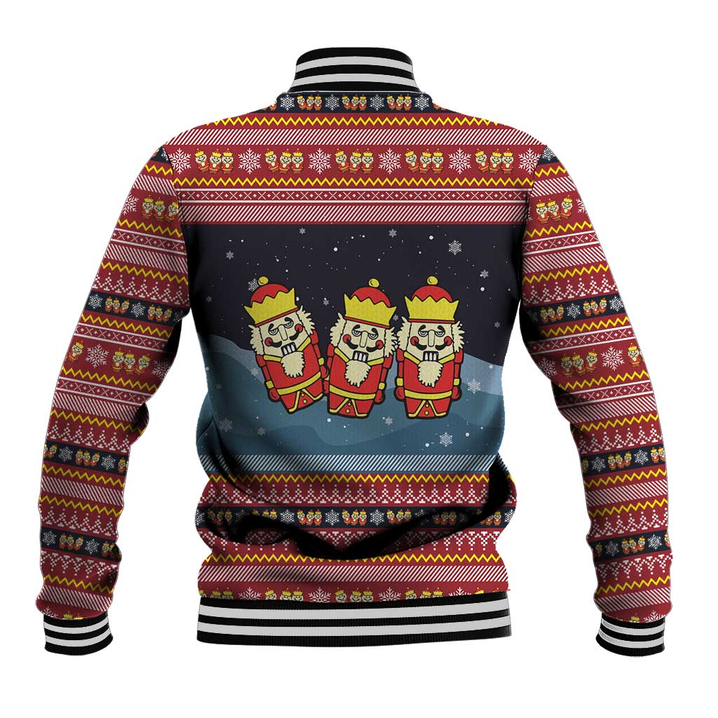 Funny Nutcracker Christmas Baseball Jacket with Crack Deez Nuts Quote and Holiday Pattern Design - Wonder Print Shop