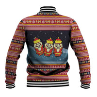 Funny Nutcracker Christmas Baseball Jacket with Crack Deez Nuts Quote and Holiday Pattern Design - Wonder Print Shop