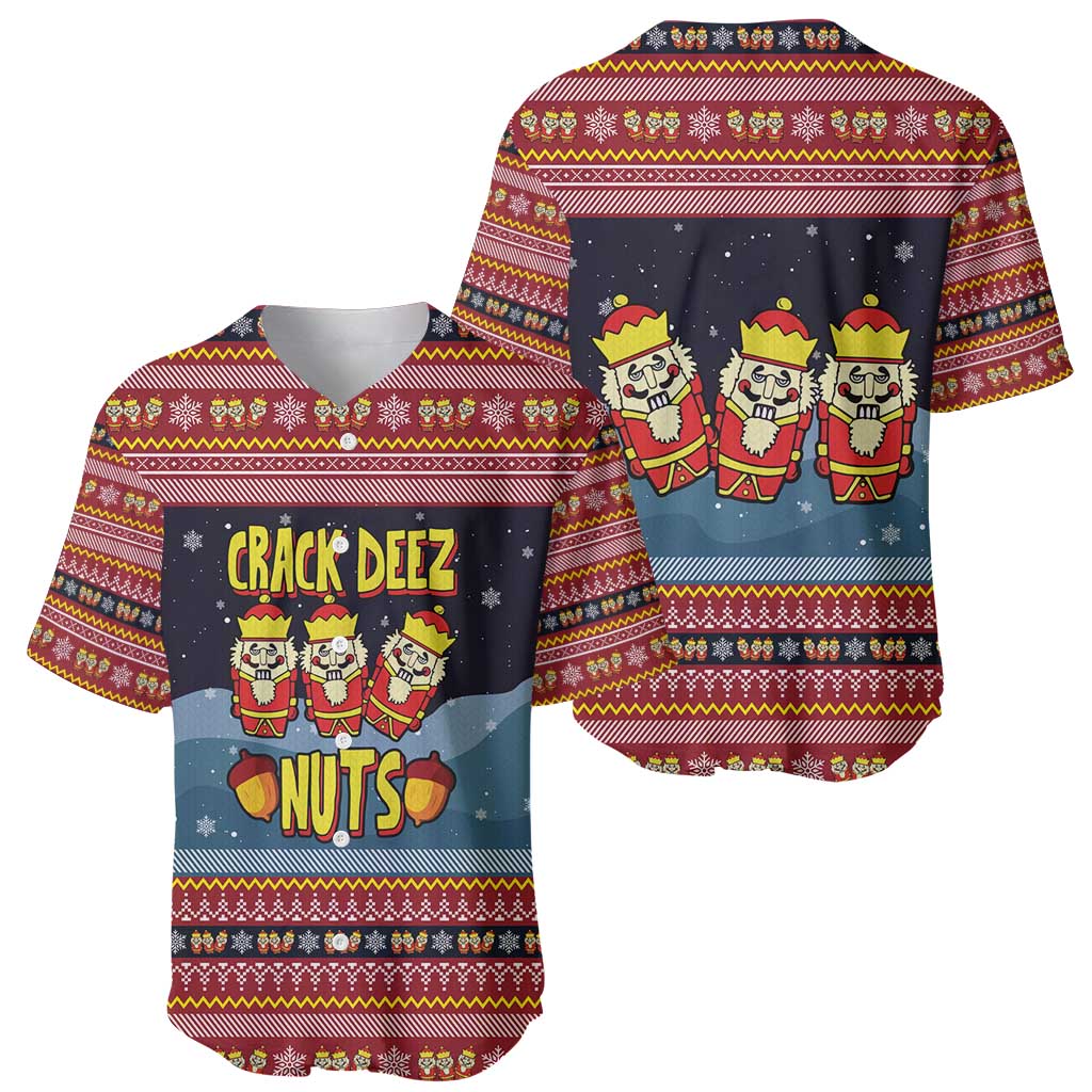 Funny Nutcracker Christmas Baseball Jersey with Crack Deez Nuts Quote and Holiday Pattern Design - Wonder Print Shop