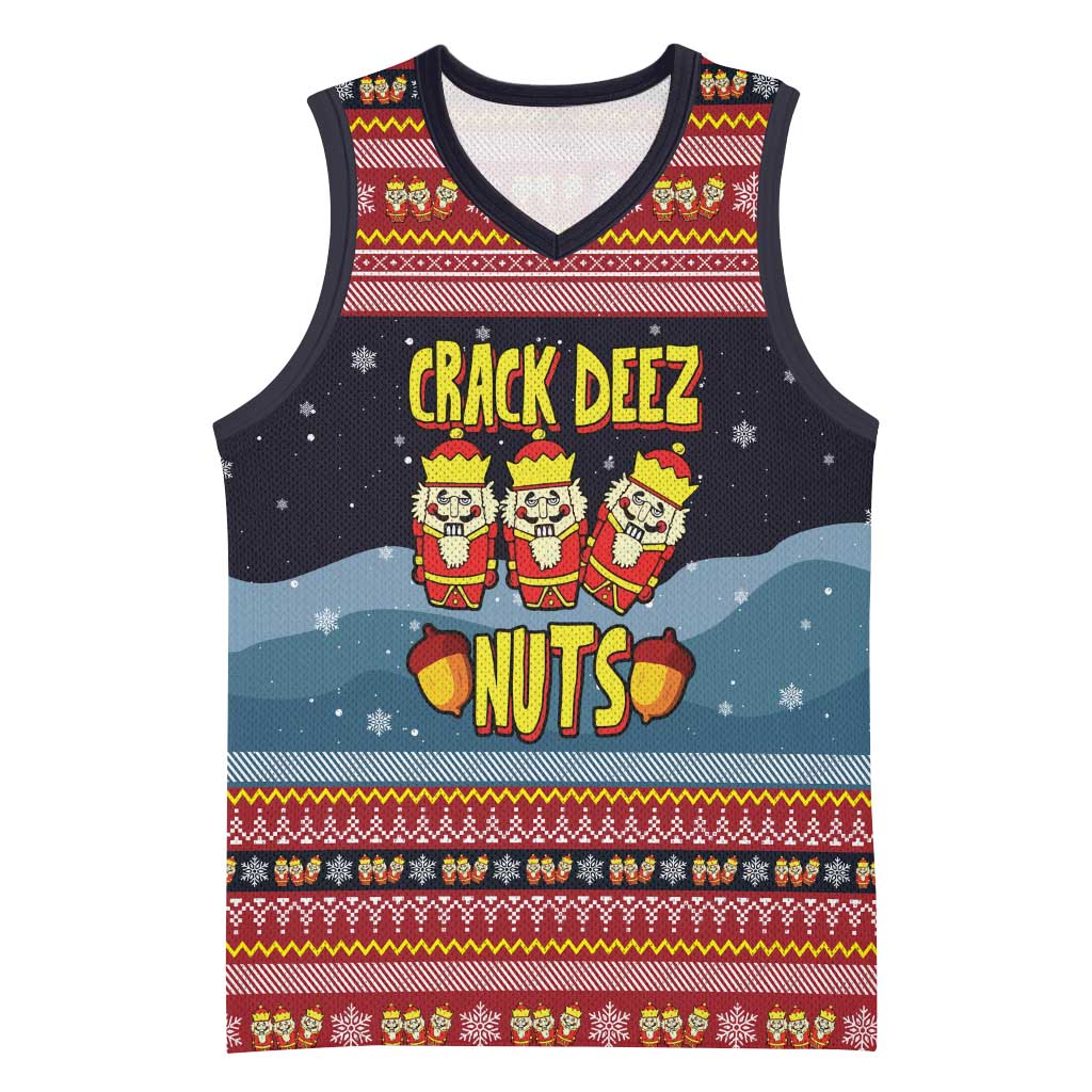 Funny Nutcracker Christmas Basketball Jersey with Crack Deez Nuts Quote and Holiday Pattern Design - Wonder Print Shop