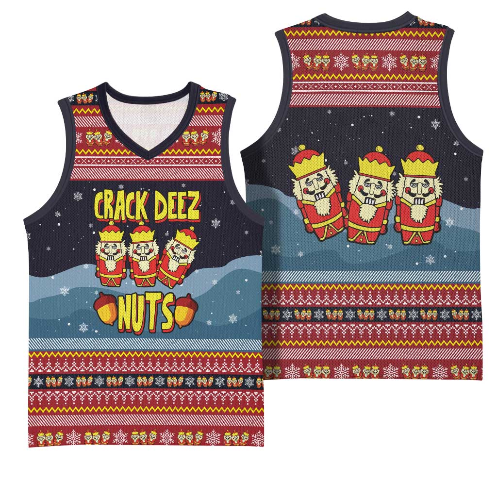 Funny Nutcracker Christmas Basketball Jersey with Crack Deez Nuts Quote and Holiday Pattern Design - Wonder Print Shop