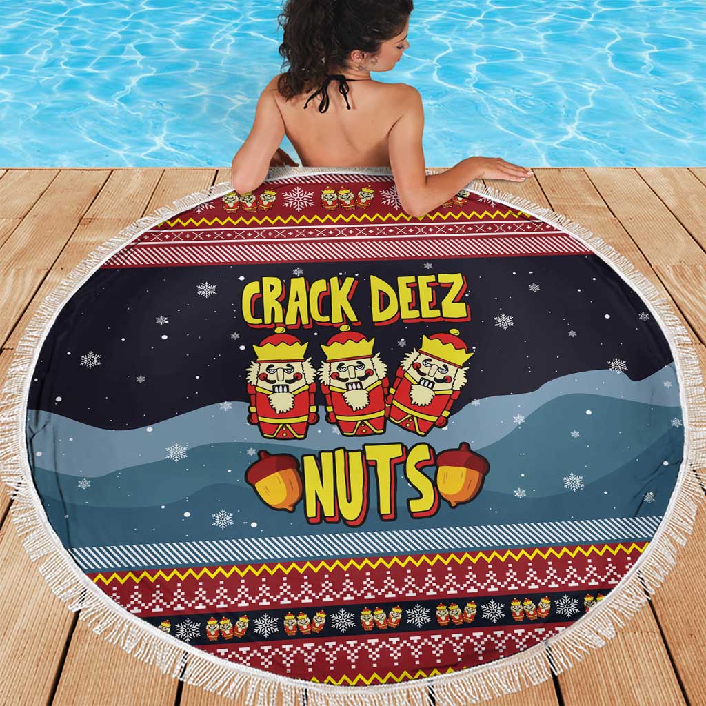 Funny Nutcracker Christmas Beach Blanket with Crack Deez Nuts Quote and Holiday Pattern Design - Wonder Print Shop