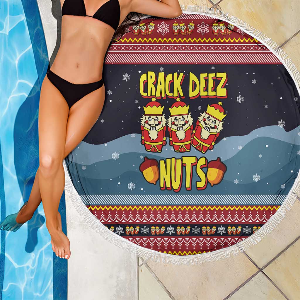 Funny Nutcracker Christmas Beach Blanket with Crack Deez Nuts Quote and Holiday Pattern Design - Wonder Print Shop