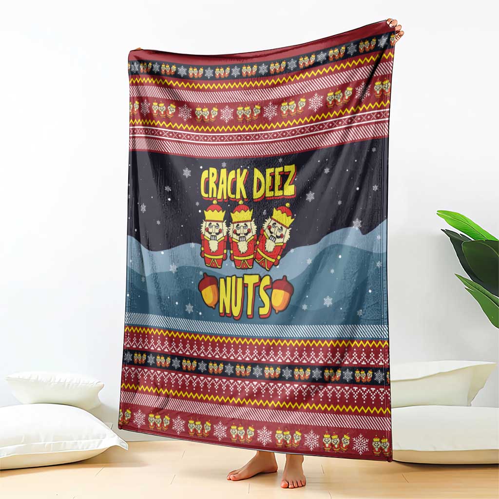 Funny Nutcracker Christmas Blanket with Crack Deez Nuts Quote and Holiday Pattern Design - Wonder Print Shop
