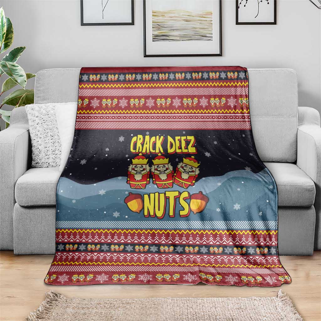 Funny Nutcracker Christmas Blanket with Crack Deez Nuts Quote and Holiday Pattern Design - Wonder Print Shop