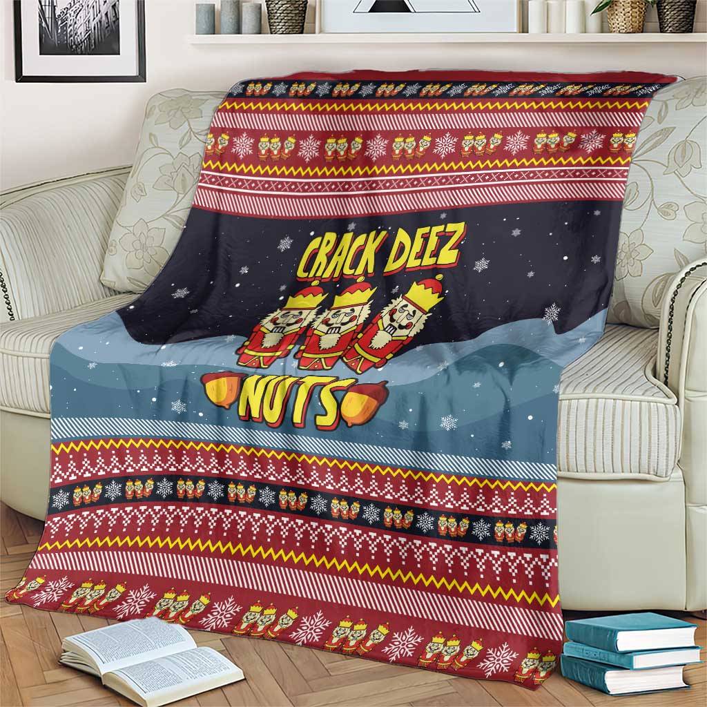 Funny Nutcracker Christmas Blanket with Crack Deez Nuts Quote and Holiday Pattern Design - Wonder Print Shop